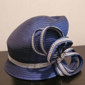 Women's Blue Dressy Hat with a Rhinestone Bow
